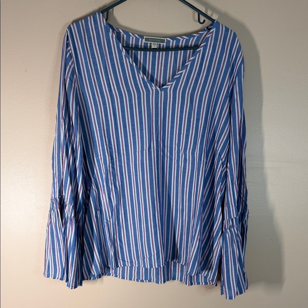 Pleione Blue, White and Pink Striped V-Neck Blouse